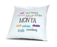 Kopfkissen mit Namen Monya - Motiv Positive Eigenschaften, 40 cm, 100% Baumwolle, Kuschelkissen, Liebeskissen, Namenskissen, Geschenkidee, Deko