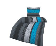Fein Biber Bettwäsche Garnitur 2tlg. - 135 x 200 cm und 80 x 80 cm - Hergestellt in Deutschland - Feinbiber anthrazit/petrol/Blume