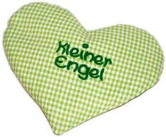 Herzkissen mit Spruch kleiner Engel grün kariert, Rapssamen Kissen zum Wärmen, Wärmekissen zur Geburt oder Taufe