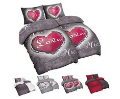Niceprice 4 teilig Microfaser Partner Bettwäsche 2X 135x200 2X 80x80 cm, Grau Rot Mr. und Mrs. Heart-Love