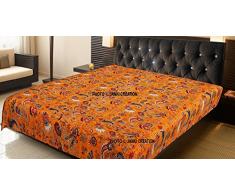 Janki Creation Indian Orange Mukat Tagesdecke, gesteppt, Boho Hippie Patchwork Quilt, Blumenmuster, Kantha-Bettwäsche, Vintage-Stil, King-Size-Größe, 228 x 274 cm