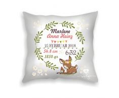 wolga-kreativ Kissen mit Namen Baby Geschenk Geburt Datum Gewicht Taufe REH 40x40 cm incl. Füllung Namenskissen Kuschelkissen Kinderkissen Taufe Taufgeschenke für Mädchen Junge (glatt)
