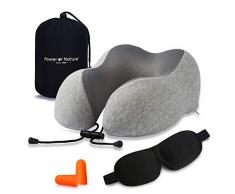 Reisekissen Power Of Nature Reise Nackenkissen Nackenhörnchen Memory Foam, Orthopädisches Ergonomisches Nackenstützkissen zum Reisen mit Schlafbrille, Ohrenstöpsel und Tragetasche (Hellgrau)