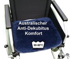 LANAMED 50 x 45 cm - Australische Antidekubitus Rollstuhlauflage. Dunkelblau. Ultra-dichter Schurwoll-Komfort mit einer Wollhöhe von ca. 3 cm. Bei 30-80° C maschinenwaschbar und trocknergeeignet. Mit Befestigungsbändern. LANAMED ca. 50 x 45 cm