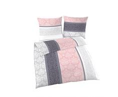 Soma Biber Bettwäsche 135x200 4 teilig grau rosa | Bettwäsche-Set aus 100% Baumwolle | Fein-Biber Bettwäsche 135x200 cm & Kissen 80x80 cm | Barock Paisley