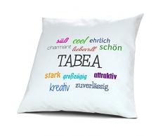 Kopfkissen mit dem Namen Tabea, Kissen mit Füllung - Positive Eigenschaften, 40 cm, 100% Baumwolle, Kuschelkissen, Liebeskissen, Namenskissen, Geschenkidee