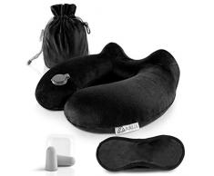 MNT10 Reisekissen aufblasbar mit Schlafmaske, Ohrstöpsel & Transporttasche I Aufblasbares Nackenkissen mit samt-weichem Bezug I Nackenhörnchen für die Reise, Flugzeug, Auto, Zug, Couch (Schwarz)