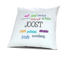 Kopfkissen mit Namen Joost - Motiv Positive Eigenschaften, 40 cm, 100% Baumwolle, Kuschelkissen, Liebeskissen, Namenskissen, Geschenkidee, Deko