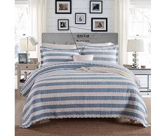 Beddingleer Tagesdecke Patchwork 230x250 cm Blau Streifen Bettüberwurf Baumwolle Gesteppt Bettwäsche für Doppelbett Sofa Couch Überwurf Decke Winterdecke