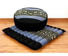 livasia Yogaset/Meditationsset der Marke Asia Wohnstudio: 1 x Zafukissen (Yogakissen) + 1 x Sitzkissen (Meditationskissen) mit Reiner Kapokfüllung, Günstiges Set (blau/Elefant)