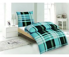 4-Teilig Microfaser Seersucker Bettwäsche Petrol Kariert mit Reißverschluss 2x 135x200 Bettbezug + 2x 80x80 Kissenbezug , Öko-Tex Standart 100