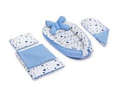 JUKKI 5-tlg Baby Erstausstattung set: Babynest 50x90cm, Stillkissen, Kuscheldecke, Babydecke, Kissen, Nestchen für Babys, 100% Baumwolle, Reisebett, Matratze/Motiv: Milky Way