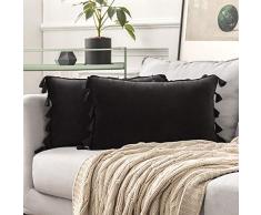 MIULEE 2er Set Samt Kissenbezug Quaste Kissenhülle Dekorative Tassel Dekokissen mit Verstecktem Reißverschluss Sofa Schlafzimmer Auto 12 x 20 Inch 30 x 50 cm Schwarz