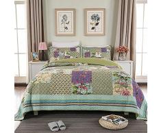 HJTLK 3-teiliges Set 100% Baumwolle Tagesdecke Steppdecke Sets-Wendbare Garden Floral Vintage Gewaschen Patchwork Decke Super King 260x270cm