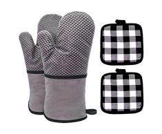 TRUBUY Ofenhandschuhe und Topflappen Set, Hitzebeständige Topfhandschuhe Anti-Rutsch Silikon Küche Backofen Handschuhe für Kochen, Mikrowellen, Backen, Grillen (Grau)
