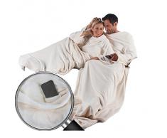 CelinaTex TV-Decke Kuscheldecke mit Ärmeln und Fußtasche 150 x 180 cm Creme weiß Coral Fleece Tagesdecke Ärmeldecke