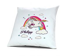 Kopfkissen mit Namen Philipp - Motiv Verrücktes Einhorn, 40 cm, 100% Baumwolle, Kuschelkissen, Liebeskissen, Namenskissen, Geschenkidee