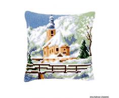 Vervaco Kirche im Schnee Kreuzstichkissen/Stickkissen vorgedruckt, Baumwolle, Mehrfarbig, 40 x 40 x 0.3 cm