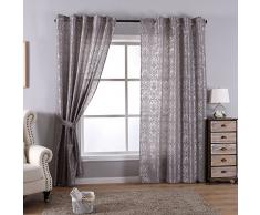 Gardinenbox 2er Set HxB 245x140 cm Vorhang Widseide Optik Grau Barock Blickdicht Flockfasern Deko Gemustert, Blickdicht mit verdecktem Schlaufenband, 20200-20210