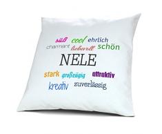 Kopfkissen mit dem Namen Nele, Kissen mit Füllung - Positive Eigenschaften, 40 cm, 100% Baumwolle, Kuschelkissen, Liebeskissen, Namenskissen, Geschenkidee
