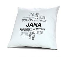 Kopfkissen mit Namen Jana - Motiv Positive Eigenschaften Tagcloud Schwarz, 40 cm, 100% Baumwolle, Kuschelkissen, Liebeskissen, Namenskissen, Geschenkidee