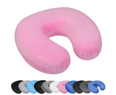 WELLGRO Nackenkissen mit abnehmbarem Bezug - Memory Schaum - Reißverschluss - inkl. Transportlasche - ca. 28 x 28 x 9 cm (LxBxH) - Reisekissen - Farbe wählbar, Farbe:Rosa