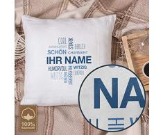 printplanet® Kissen mit Namen personalisiert - 100% Baumwoll Kopfkissen - Motiv Positive Eigenschaften (Cloud) Blau individuell gestalten - Namenskissen inkl. Füllung - 40 x 40 cm