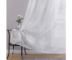 Topfinel Stickerei Voile Gardinen mit Ösen in Leinen-Optik Barock Vintage für Wohnzimmer Fenster Tüll Vorhänge Transparente Dekoschal 2er Set je 245x140cm (HxB) Weiß