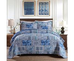 YAYIDAY Bettwäsche Set, atmungsaktive Baumwolle, massives handgefertigtes Blumenmuster, Gesteppte Tagesdecke mit Kissenbezügen, Moderne Decke (Patchwork Blue Queen)