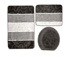 Megaprom 3 TLG. Hänge-WC Badgarnitur Badezimmergarnitur Badematten Badteppich WC-Vorleger mit WC-Deckelbezug Set (ÖKO-TEX Standard 100) - in Schwarz-Grau
