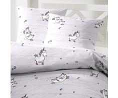 wometo Winter-Bettwäsche Biber 135x200 80x80 cm 100% Baumwolle - Oekotex Einhorn Knopfleiste grau pink weiß warm Geschenk Weihnachten