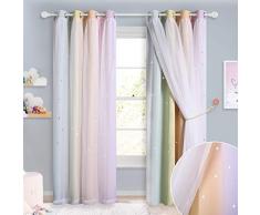 NICETOEN Regenbogen Vorhang Kinderzimmer Mädchen - Bunte Sterne Gardinen mit Voile Thermovorhang Blickdicht Ösenschal, 2er Set H 213 x B 132 cm, Regenbogen