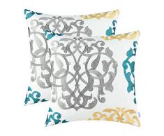 CaliTime Kissenbezüge Kissenhülle 2er-Pack Kissenbezüge aus Baumwolle für Bettcouch-Sofa Vintage Kompass Geometrisch Floral Gestickt 45cm x 45cm Mittelgrau/Blaugrün/Gold