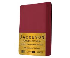 Jacobson GOLD Edition Jersey Spannbettlaken Spannbetttuch Baumwolle mit ELASTAN ca. 200 g/m² (200 x 220 cm + 40cm, Bordeaux)