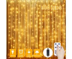 Led Lichtervorhang Warmweiß 3x3M, GLIME Lichterkette Vorhang USB 300 LEDs Lichterkettenvorhang, Fernbedienung mit 8 Lichtmodi und Timer String Light für Weihnachten, Deko, Party, Hochzeit