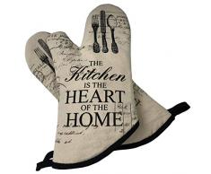 GREVY 2er Set Ofenhandschuhe Baumwolle Backhandschuhe,Beige mit Aufschrift:The Kitchen is the Heart of the Home.