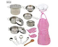 Hearthrousy Küchenspielzeug Kinder Kochkostüm Set Kinderküche Kochgeschirr Edelstahl Pfannenset 18 Stück Küchenutensilien Set Küchenspielzeug mit Kinder Kochschürze Kochmütze Ofenhandschuh