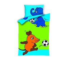 Baby-Kleinkind-Bettwäsche Die Sendung mit der Maus Fußball 100 x 135 + 40 x 60 cm 100% Baumwolle Linon Renforcé Maus Elefant Ente Bettzeug Bettbezug Decken-Bezüge deutsche Größe Reißverschluss
