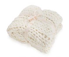 Feluna Grob gestrickte Kuscheldecke - Grobstrick Wolldecke Strickdecke Tagesdecke (180x120cm; Creme-weiß)