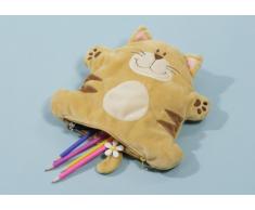 EBO 50034 - Katze Flachkatze als Kissen mit Innentasche, durch Reissverschluss verschließbar, 23 cm hoch, gelber Mikoraservelour, maschinell gesticktes Gesicht