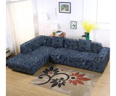 L-Form Sofabezug, Polyester, Strech, 2 Stück + 2 Kissenbezüge für geteiltes Sofa Bleu (Feuilles)