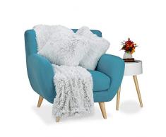 Relaxdays Kuscheldecke mit 2 Kissen, 3 tlg. Set, Tagesdecke Felloptik, Sofakissen Kunstfell, Wohndecke xxl, weiß-grau