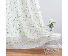 Topfinel Voile Gardinen mit Ösen in Leinen-Optik Blätter-Stickerei für Kinderzimmer Wohnzimmer Fenster Tülle Vorhänge Transparente Dekoschal 2er Set je 145x140cm (HxB) Grün