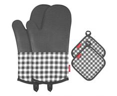 esonmus Ofenhandschuh Topfhandschuhe Hitzebeständige Silikon und Baumwolle 1 Paar und 2 Topflappen Grau