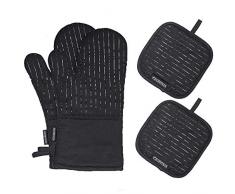 esonmus Ofenhandschuhe, Silikon Lange Topfenhandschuhe Doppel mit 2 Topflappen,Hitzebeständige rutschfeste Backhandschuhe für die Küche die Kochen Backen BBQ (Black)
