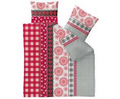CelinaTex Winter Bettwäsche 200x200 Microfaser Fleece Bettbezug mit 80x80 Kissenbezug Style Bettgarnitur Sweet Streifen Herzen Muster weiß grau rot 0004009