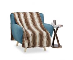 Relaxdays Kuscheldecke Felloptik, Decke Fellimitat, Tagesdecke XXL, Wohndecke flauschig, BxT ca. 150 x 200 cm, weiß-braun