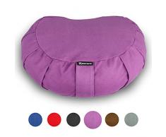 BODYMATE Halbmond Yogakissen 42cm lang 30cm breit und 15cm hoch Lila mit Buchweizen-Spelz Füllung – Maschinenwaschbarer Bezug aus 100% extra Dicker Baumwolle – Meditationskissen – Sitzkissen