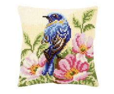 Vervaco Vogel auf Wilder Rose Kreuzstichkissen/Stickkissen vorgedruckt, Baumwolle, Mehrfarbig, 40 x 40 x 0.3 cm