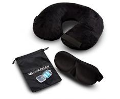VAN BEEKEN Aufblasbares Nackenkissen Nackenhörnchen für Erwachsene zum Reisen im Auto oder Flug-Zeug – Nackenstützkissen zum Reisen mit GRATIS Schlafbrille, Ohrstöpsel, Tragetasche Reise-Kissen